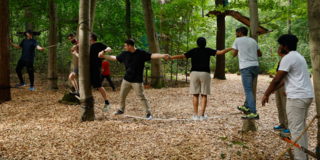 Team-building exercise at a forest ropes course: a group of about eight people stands in a row on low ropes strung between tree trunks. They hold each other's outstretched hands to keep their balance together. The ground is covered with wood chips, and platforms and rope structures of a high ropes course are visible among the deciduous trees in the background.