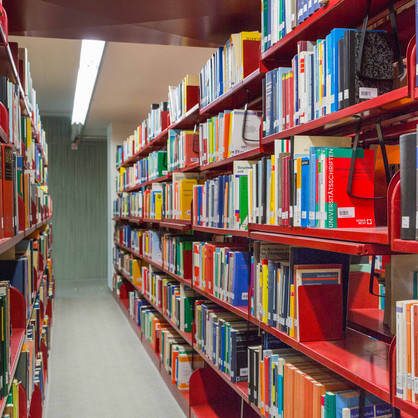 Red bookshelves in the university library.